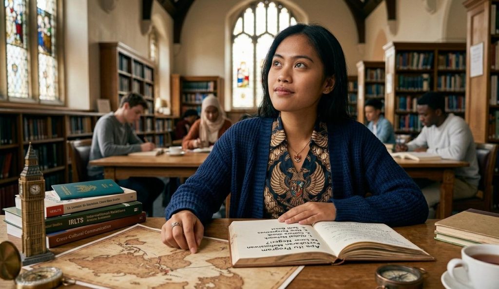  Ilustrasi mahasiswa Indonesia berbaju batik sedang berdiskusi di perpustakaan universitas luar negeri dengan laptop menampilkan peta jalur pertukaran mahasiswa antar negara.