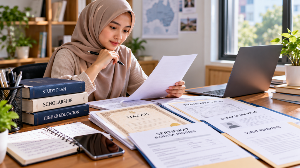 Calon pendaftar beasiswa AAS sedang memeriksa kelengkapan dokumen ijazah, transkrip nilai, sertifikat bahasa Inggris, dan surat referensi.